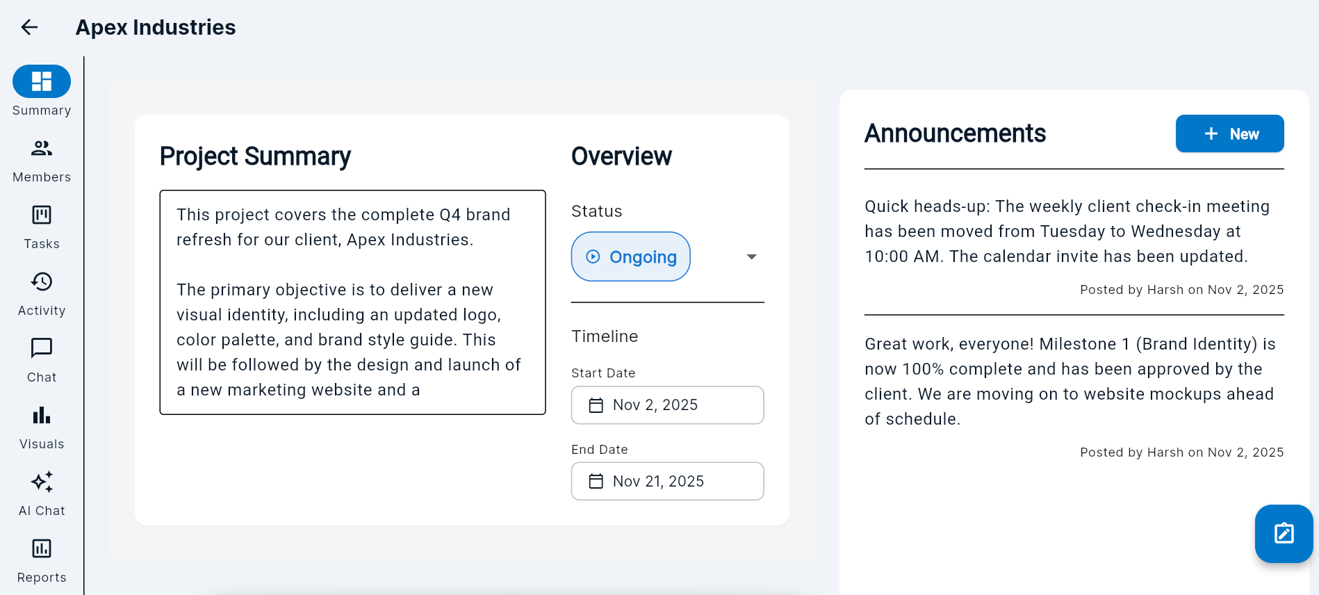 A screenshot of the Clarevis dashboard showing a project with a Kanban board, chat, and file sharing features.